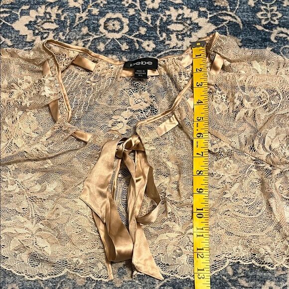Bebe Y2K Brown Lace Ribbon Tie Cropped Shrug Coquette Whimsical Romantic Boho - Picture 8 of 9